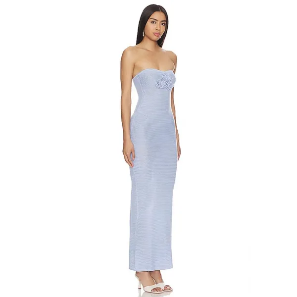 MORE TO COME Cherlee Maxi Dress Blue Strapless Knit Floral Applique Medium M NWT - Image 3