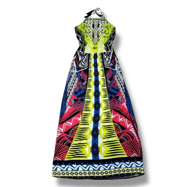 Alya Tribal Print Beaded Maxi‎ Halter Dress Neon Yellow Multicolor Small - Image 12