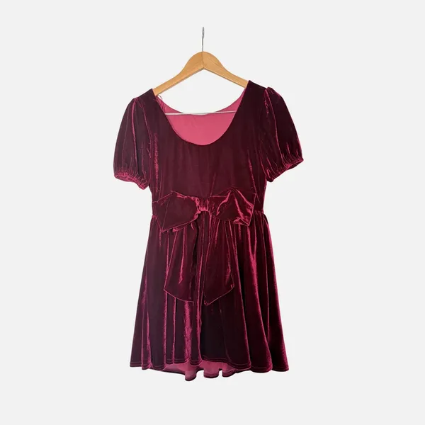 Lush Burgundy Velvet Puff Sleeve Mini Dress with Back Bow Size 8 NEW‎ - Image 6