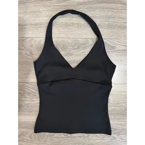 Y2K Bebe Womens Size M Black V-Neck Halter Top Slim Fit Open Back Made in USA - Image 5