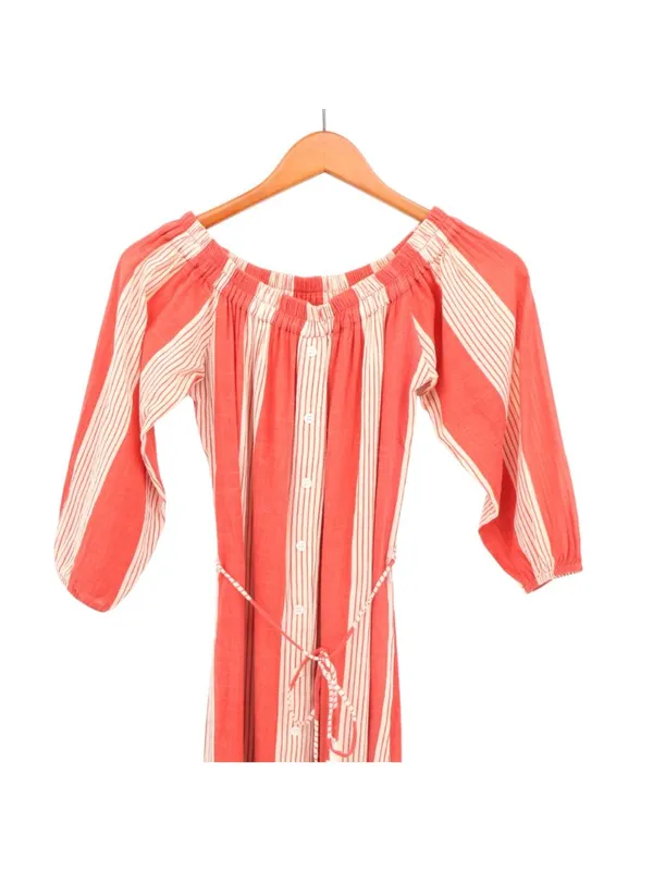 Faithfull The Brand Sun Striped Gauzy Cotton Off Shoulder Orange Maxi Dress 2 - Image 5