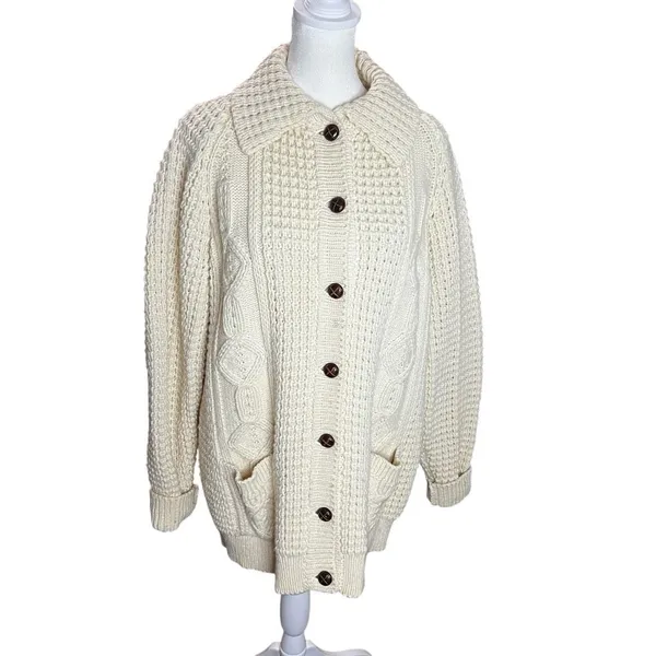 Bonner of Ireland Handloomed 100% Wool Aran Cable Knit Cardigan Cream XL - Image 2