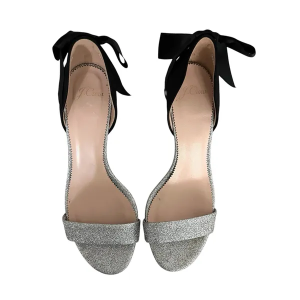 J. Crew D'orsay Sandals Silver Glitter Satin Bow Size 9M Chic Statement Heels - Image 5