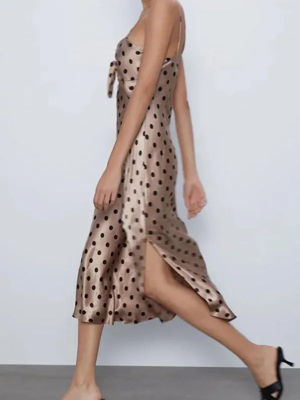 Champagne and black polka dot satin midi dress with tie front detail - Image 2