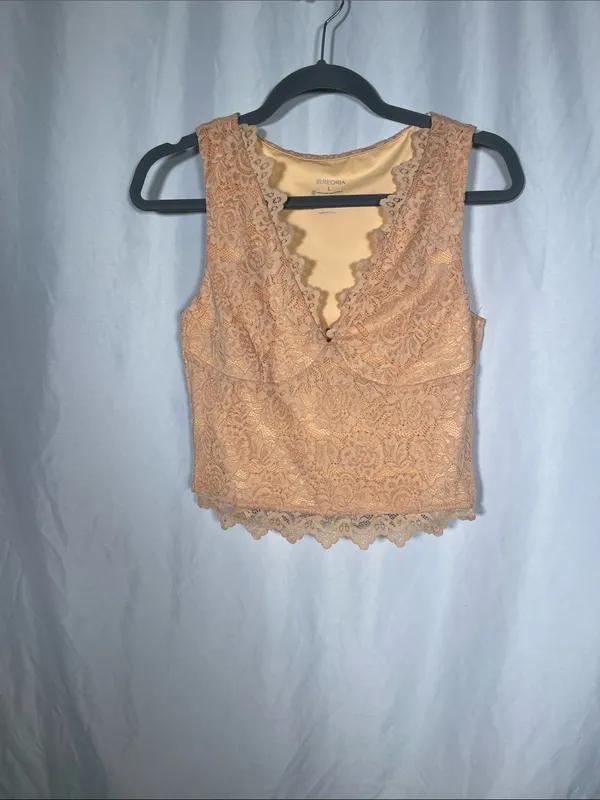 Reoria Womens Peach Orange Lace Semi Cropped Tank Blouse Large - Image 2