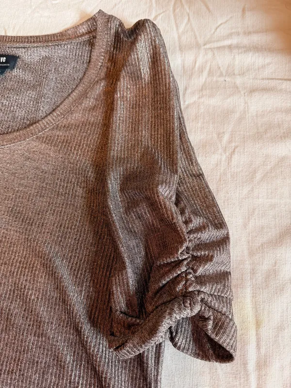 Maeve by Anthropologie Metallic Rib Knit Ruched Sleeve Top Medium Rose Gold Shimmer - Image 2