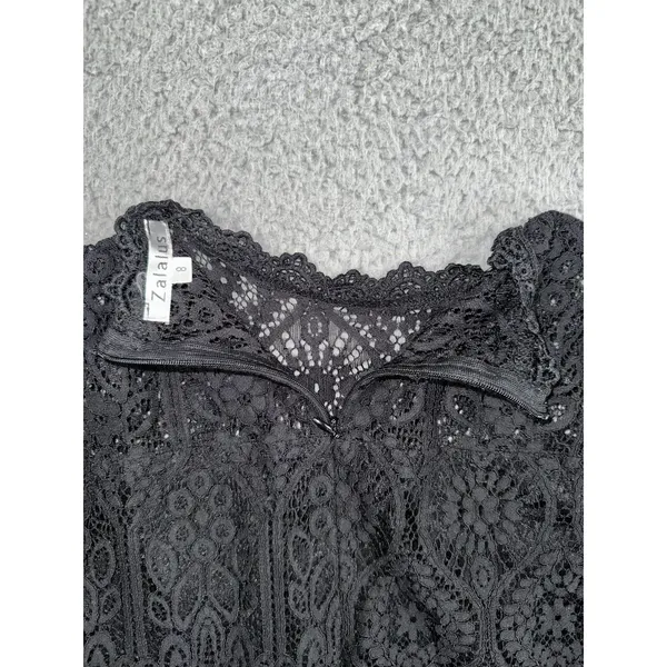 Black Lace Sheath Dress 8 Floral Mock‎ Neck S/S Eyelash Hem Whimsigoth Witchy - Image 11