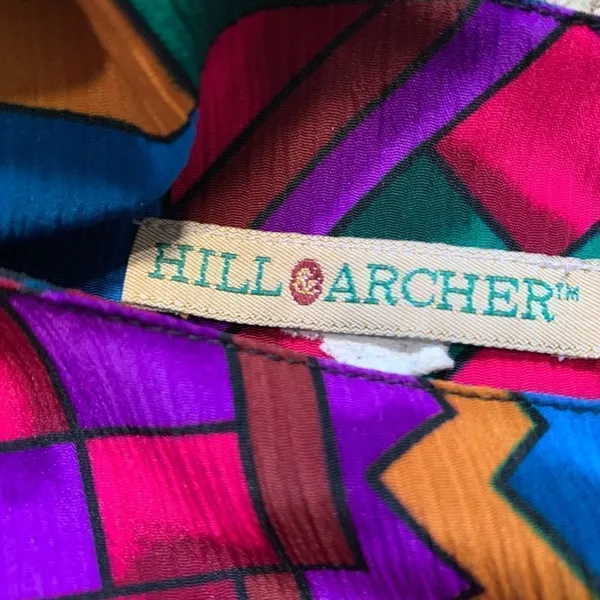 Vintage Hill & Archer Shirt Geometric Multicolor Purple Blue Crinkle‎ Fabric - Image 8