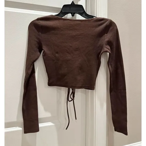 Zara Brown Ruched Drawstring Front Crop Top - Image 4