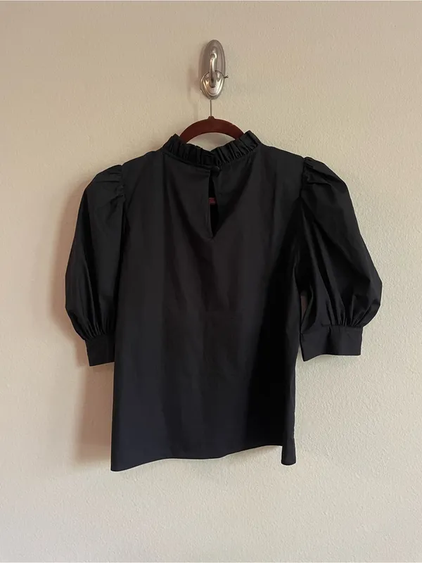 Hunter Bell Stella Top Black Puff Sleeves Ruffle Neck Poplin Blouse Size M - Image 5