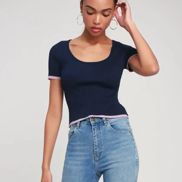 Ribbed Knit Cropped Baby Tee‎ Ruffle Edge Top S Navy Blue Pastel Stretch Indie - Image 3