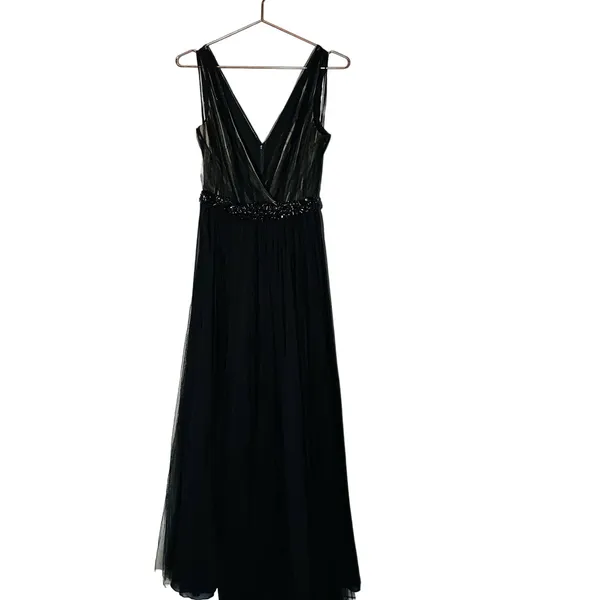 Badgley Mischka Black pleated Tulle Chiffon V-neck Gown size 2 - Image 3