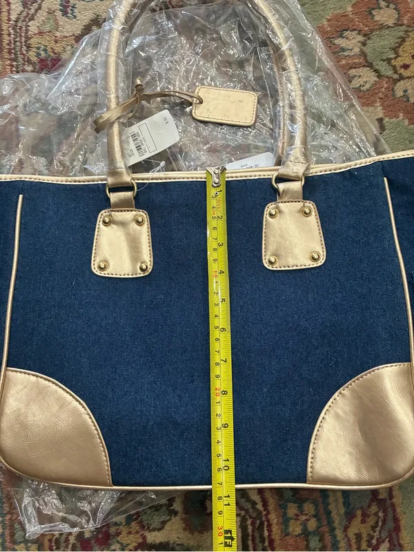 Neiman Marcus Denim Medium Tote Hand Bag Blue and Gold Women’s NWT - Image 6