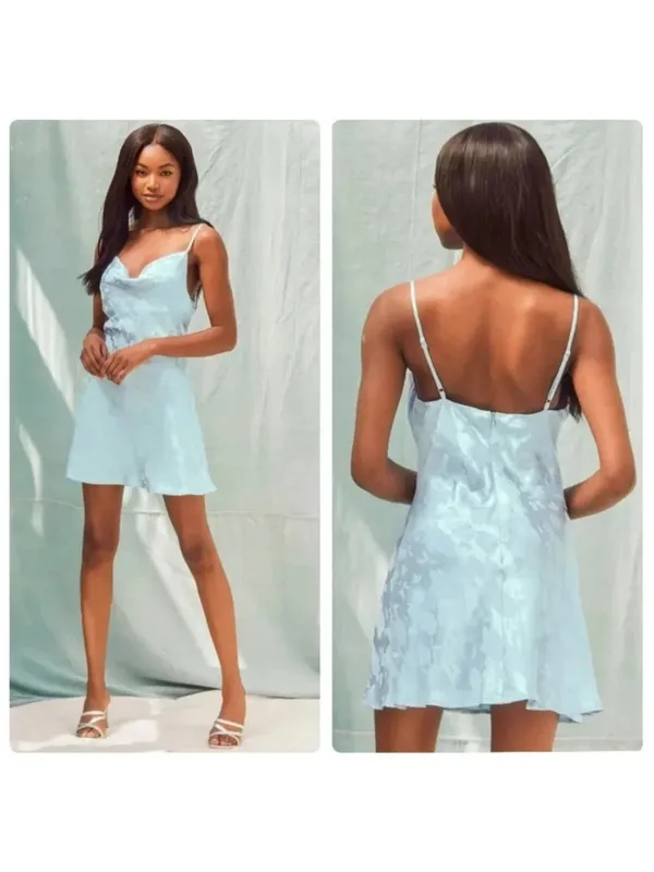 Lulus Close to Your Heart Dusty Blue Satin Jacquard Cowi Slip Dress Size L - Image 3