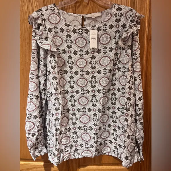 LOFT Medallion Print Ruffle Shoulder Bubble‎ Hem Long Sleeve Blouse Top Size XL - Image 11