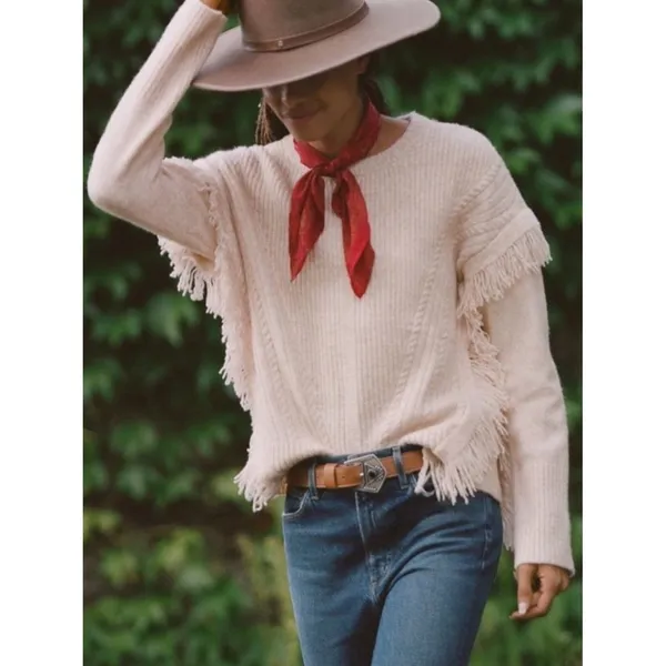 By ANTHROPOLOGIE Josey Fringe Sweater Marled Pink Pink Crew Neck Wool Small - Image 4