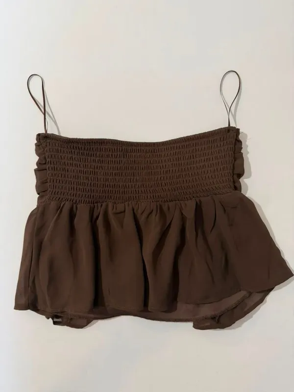 Floral Fairycore Brown Ruffle Hem Cropped Camisole Strapless Tube Top - Image 3