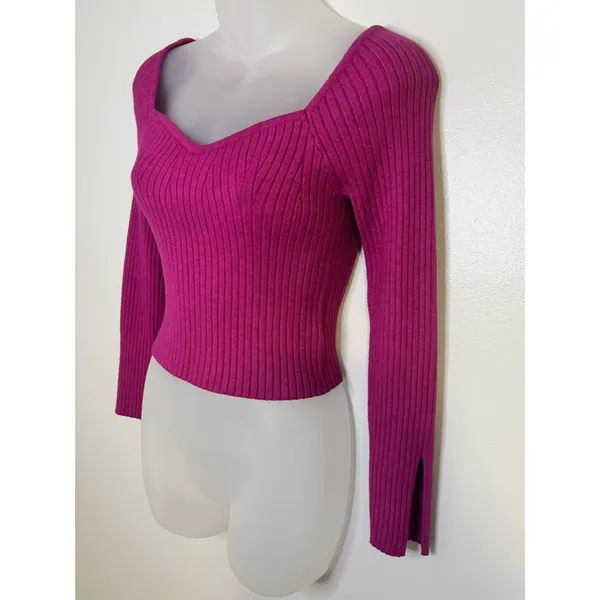 Wild Fable Pink Ribbed Sweetheart Neck Fitted Sweater Top S - Image 3