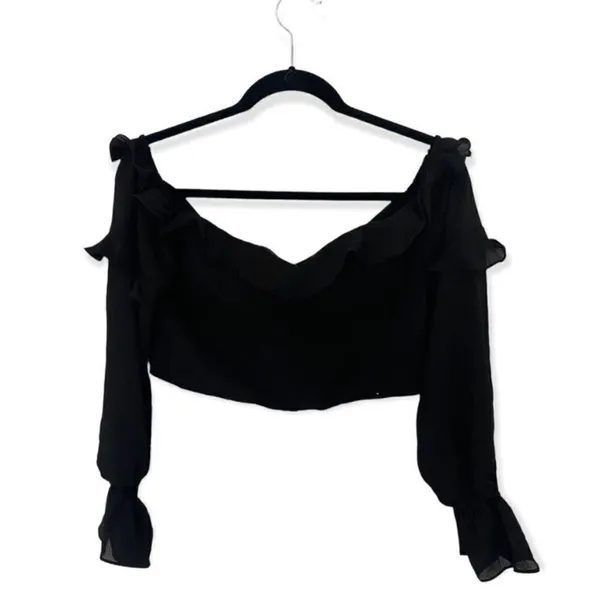 Tiger Mist Black Ruffle Long Sleeve Cropped Blouse Size L Off Shoulder Top - Image 2