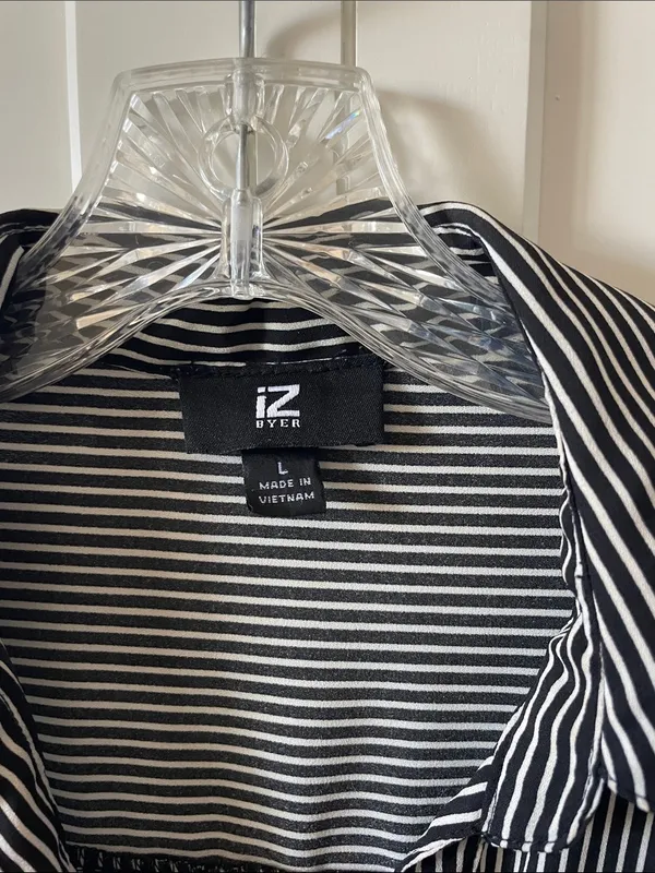 iZ Byer Women’s Black and White Striped Business Casual Button-Down Shirt -Large - Image 2