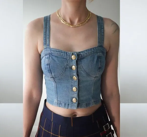 Moto Cross Back Strap Button Up Denim Crop Top Size 6 / 38 / M - Image 5