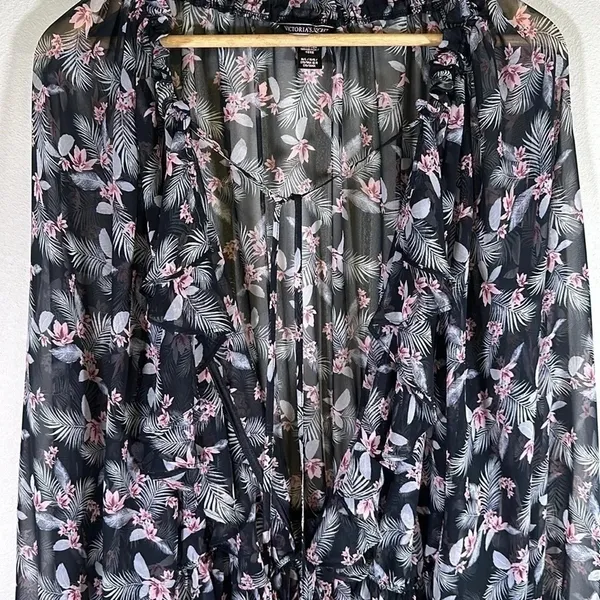 Victoria’s Secret Black Ruffle Floral Print Chiffon Kimono Size M/L Swim Flowy - Image 6