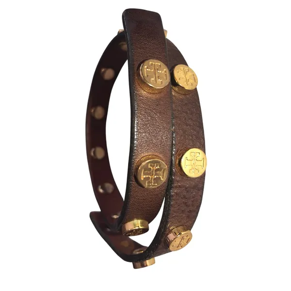 Tory Burch Leather Wrap Bracelet Brown Gold Tone Logo Studs Boho Chic Equestrian - Image 2