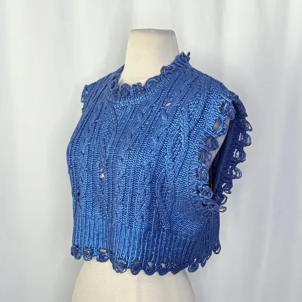 ZARA Metallic Blue Cropped‎ Sweater Cableknit Distressed Cable Knit Crop Small - Image 7
