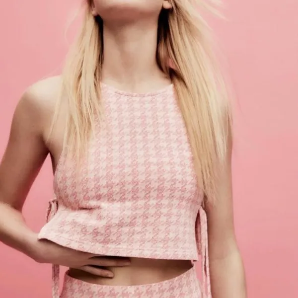 Zara Pink Houndstooth Retro Knit Halter Crop‎ Top with Bralette - Image 3
