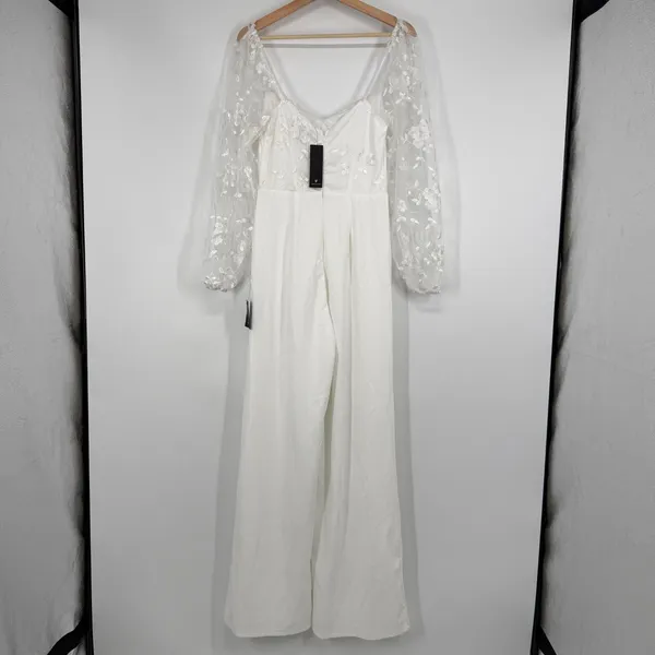 Lulus White Mesh Overlay Embroidered Jumpsuit Size M Bridal Bachelorette Wedding - Image 11
