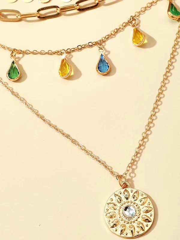 Gold Tone Layered Link Chain Necklace Sun Round Charm Clear Stone Lobster - Image 5