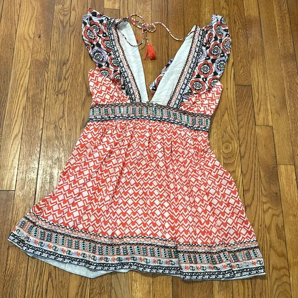 Anthropologie Beaded embroidered Bohemian Floral Print mini dress cotton 12 - Image 10