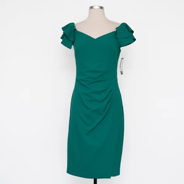 Betsy‎ & Adam | Off Shoulder Ruched Scuba Midi Ruffle Dress. - Image 2