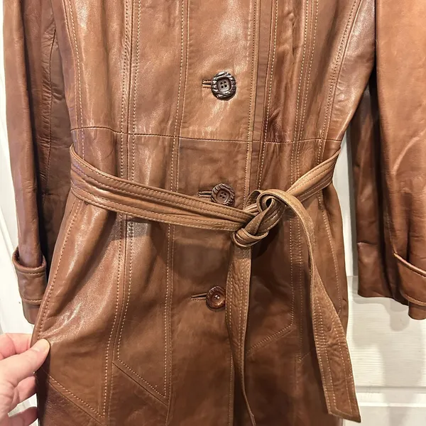 Vintage Skin Gear Brown Napa Leather Trench Coat Long Belted Button Front Medium - Image 8