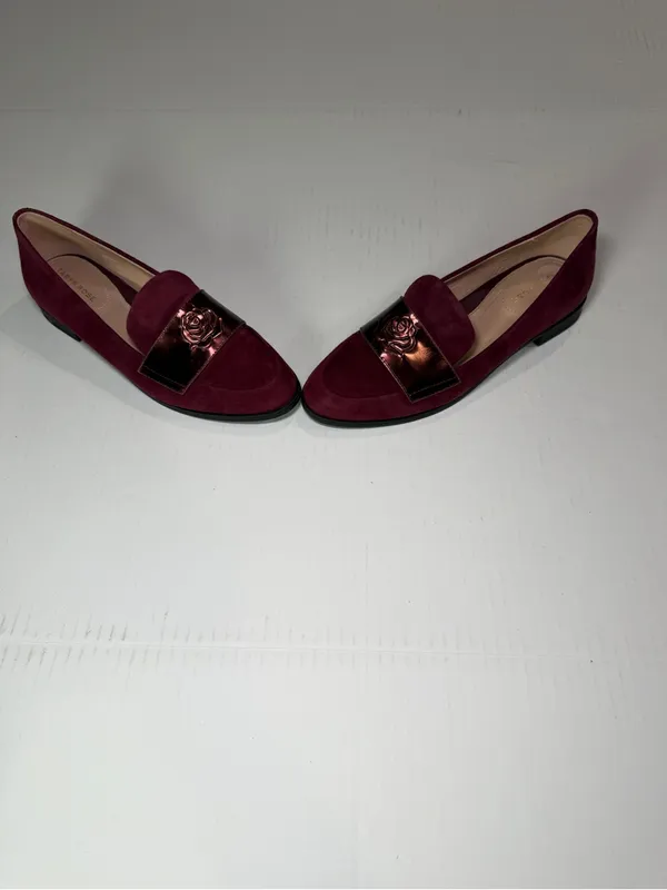 Taryn Rose Burgundy Suede Loafers with Rose-Metal Accent - Image 7