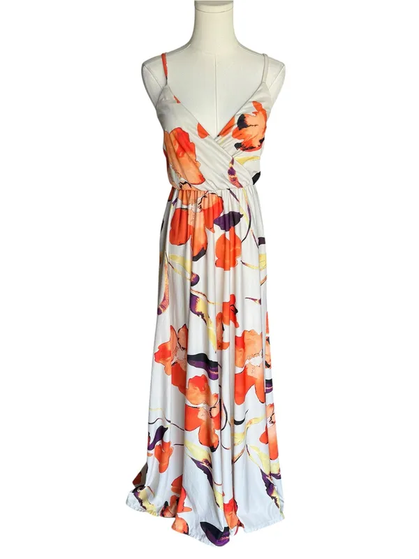 ASOS DESIGN - NWT Floral Plunge Tie Back Maxi Dress Cream Orange Sz 6 - Image 4