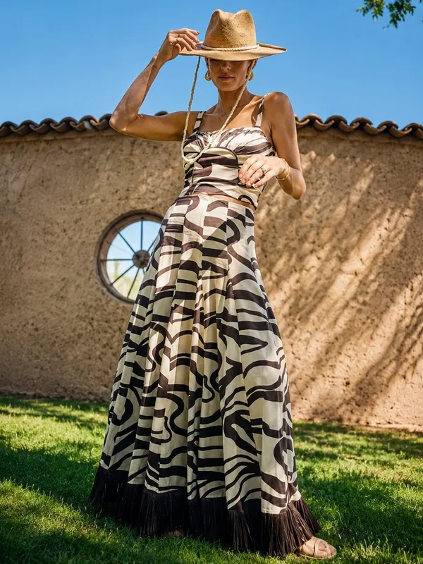 NWT Antonio Melani MG Style Fringe Linen Blend Maxi Raffia Skirt Set Brown~SZ 10 - Image 3