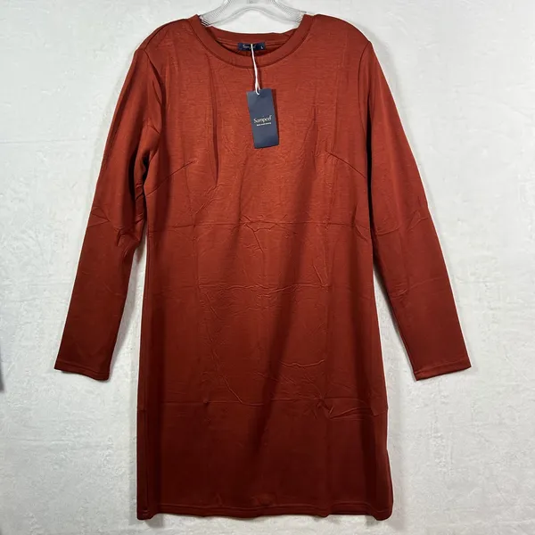 Sampeel Womens Long Sleeve Crew Neck T-Shirt Dress Rust Orange Side‎ Slit Large - Image 9