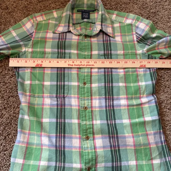 Laurel Ralph Lauren RLL Flannel Button Down Women's Green Pink Shirt Size 10 - Image 4