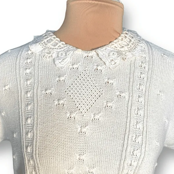 Vintage Cream Knit Sweater Peter Pan Collar‎ Cottagecore Lace Trim Romantic Boho - Image 2