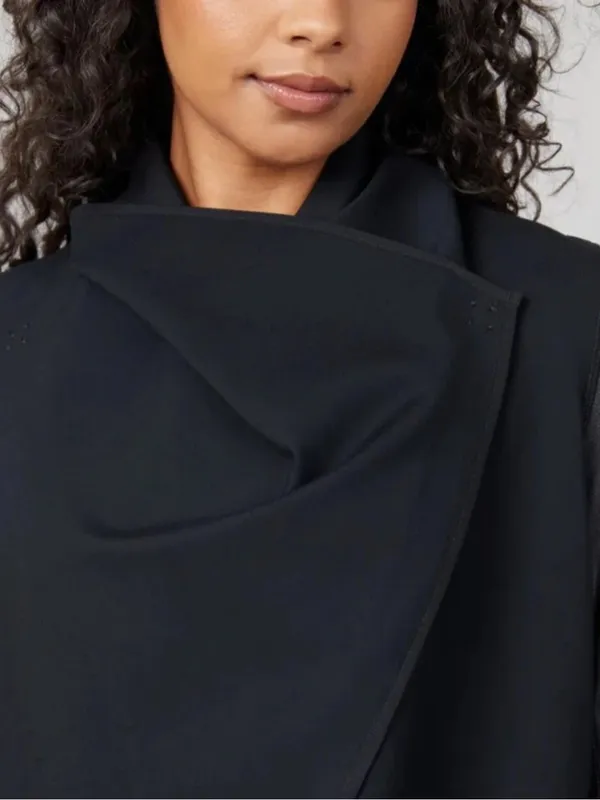 SPANX Point Drape-Front Black Faux Leather Trench Style Coat Blazer Size Small - Image 3