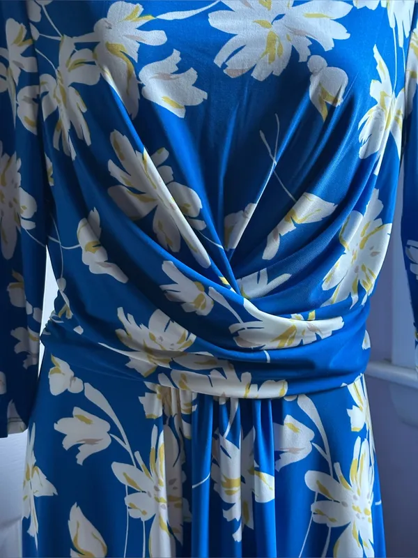 TOMMY HILFIGER Blue & White Floral Draped Midi 3/4th Sleeves Dress Sz 12 - Image 5