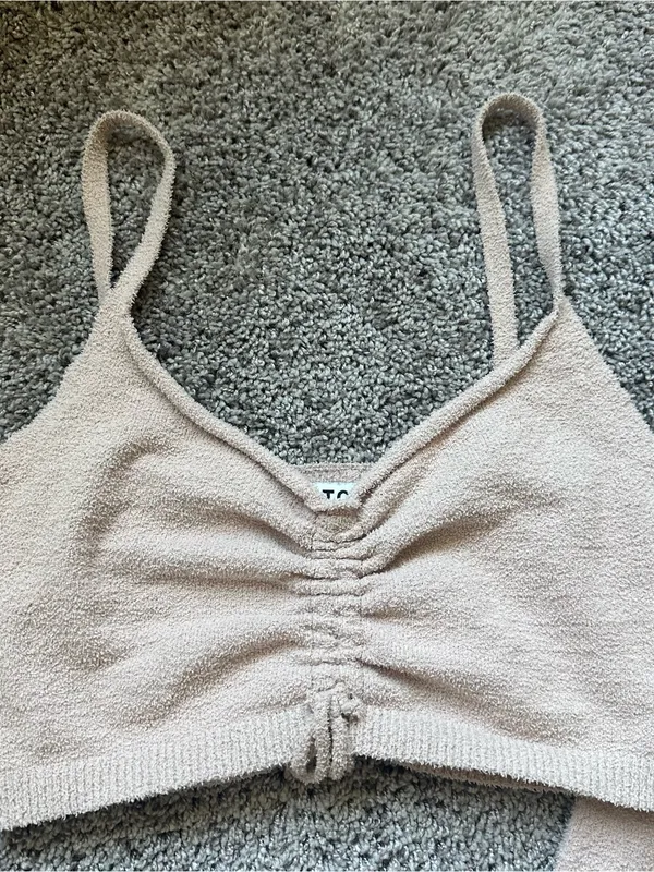 Tic Toc Ruched Knit Two-Piece Loungewear Set in Light Beige - Image 4