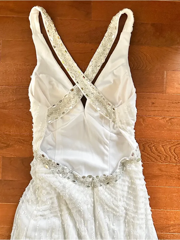 Elegant White Beaded V-Neck Halter Criss Cross Evening Prom Dress - Image 7