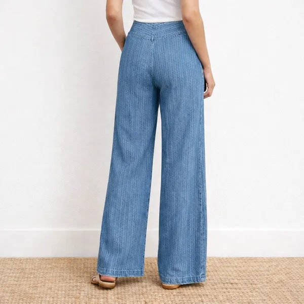 Ralph Lauren Jeans Co Pinstripe Denim Wide Leg Trouser Blue Cotton Size 10 VTG - Image 4