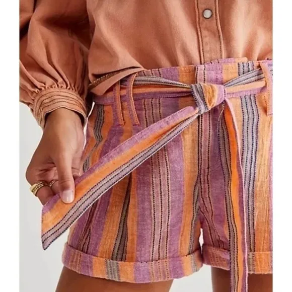 FREE PEOPLE Barbados Bloom Belted‎ Cuffed Shorts Tropical Stripes Vacation 6 - Image 6