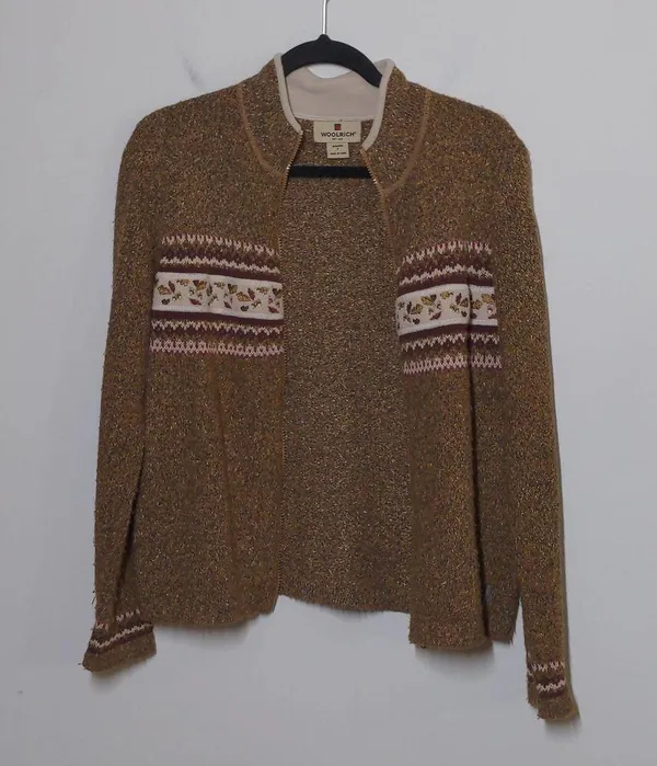 Woolrich Full Zip Cardigan with Leaf Embroidery in Fawn Heather - Size S - GUC - Image 4