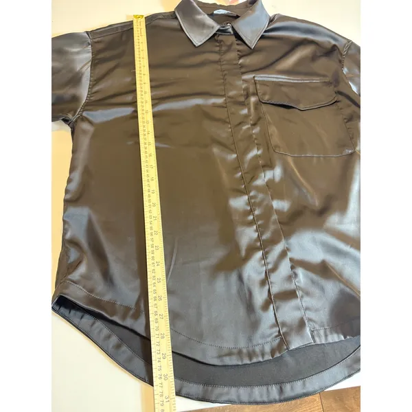 ZARA Black Satin Button Front Shirt Blouse Oversized XL - Image 6