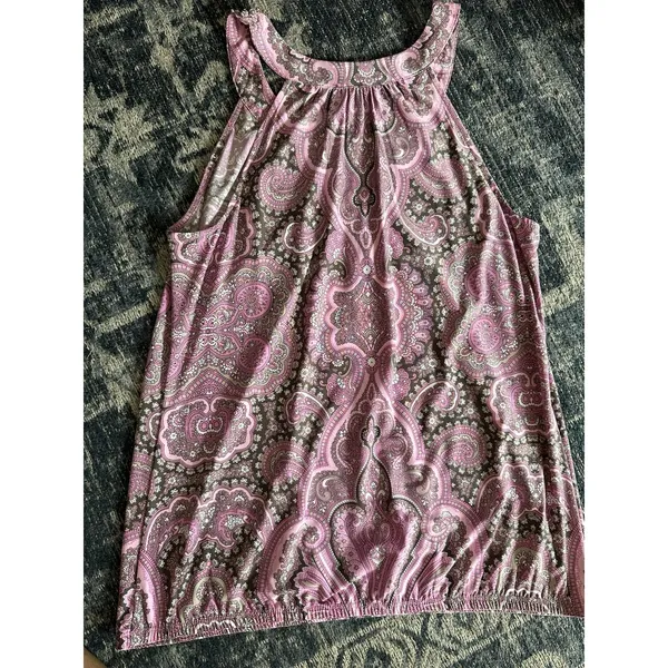 Y2K Beaded Pink Paisley Top Size Large INC Halter Keyhole Neck Blouse Boho Glam - Image 2