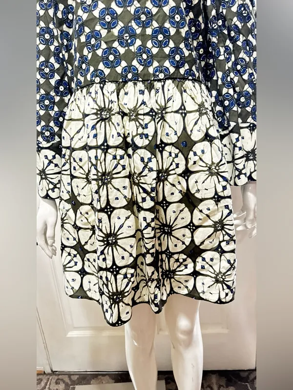 Tuckernuck 100%Cotton Boho Olive & Blue Floral Print Pleated Dress Size Large - Image 9